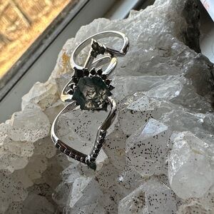 14k White Gold, Moss Agate, Black Diamond Accents “Nerrezza”